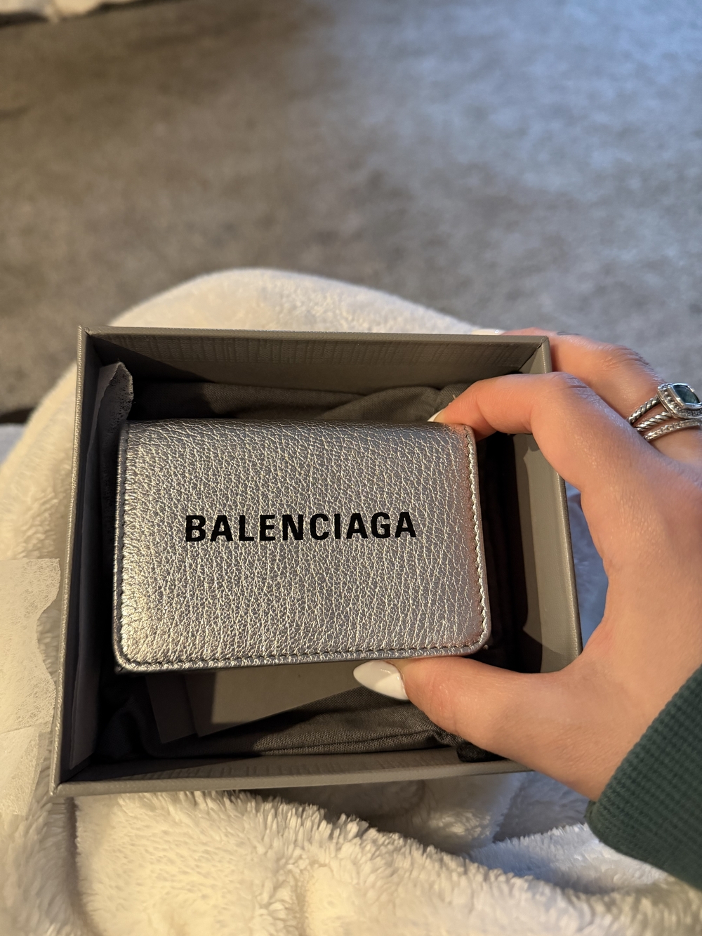 Balenciaga Metallic Silver Leather Card Case with Bold Logo